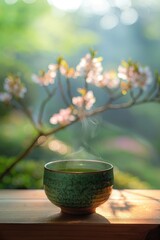 Organic green matcha tea Healthy drink. Traditional Japanese drink a steaming cup of matcha tea against the backdrop of a cherry blossom-blooming garden.