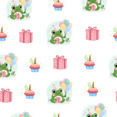 Hand-drawn cartoon illustration of holiday elements, flowers, gifts and funny characters. This vintage, cheerful pastel palette is perfect for gift wrapping.