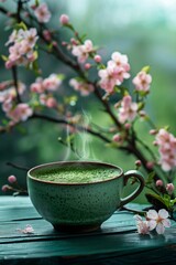 Organic green matcha tea Healthy drink. Traditional Japanese drink a steaming cup of matcha tea against the backdrop of a cherry blossom-blooming garden.