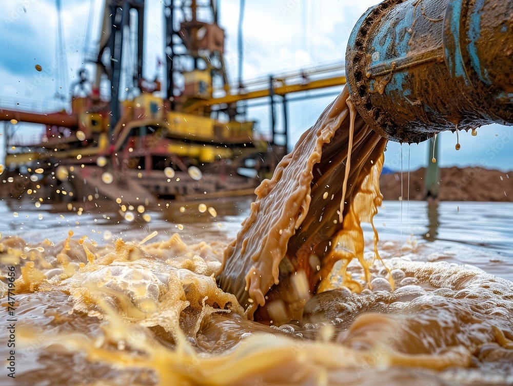 Wall mural close-up of a mud pump in action, drilling mud coursing through pipelines against the backdrop of a 