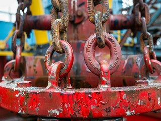Close-up of a blowout preventer being installed, a critical safety mechanism in the high-stakes world of oil drilling - obrazy, fototapety, plakaty