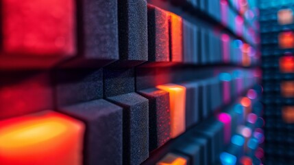Close-up of black acoustical foam walls with vibrant LED lights casting colorful shadows, creating a music studio ambiance - obrazy, fototapety, plakaty