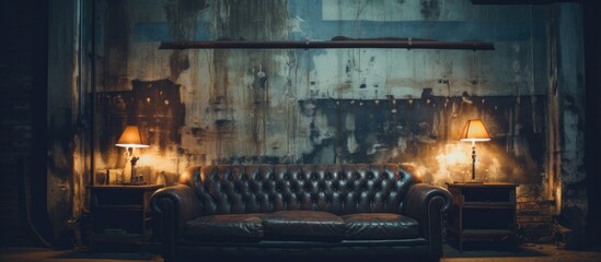 A grunge metallic interior sets the stage for a couch and two lamps in a dark room. The dimly lit space creates a moody ambiance.
