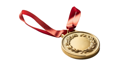 gold medal with red ribbon on transparent background