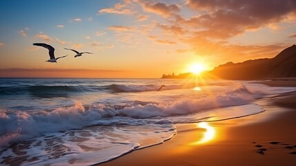 Sunset over the sea. Seagulls fly over the beach
