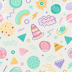 Sweets Seamless Pattern Design: Vector Illustration Set for Cartoon Wallpaper, Baby Decor, or Summer Beach Theme with Colorful Fun Sweet Icons