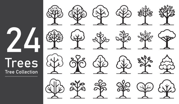 silhouette tree line drawing set, Side view, set of graphics trees elements outline symbol. silhouette tree line drawing set, Side view, set of graphics trees elements outline symbol. with color.