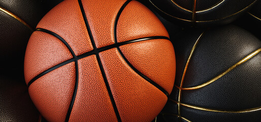 Close-up shot of orange and black basketball The background is orange.