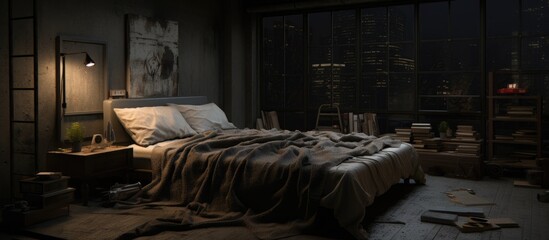 A bed is neatly arranged in a bedroom, placed next to a window. The room is well-lit by natural light coming in through the window.