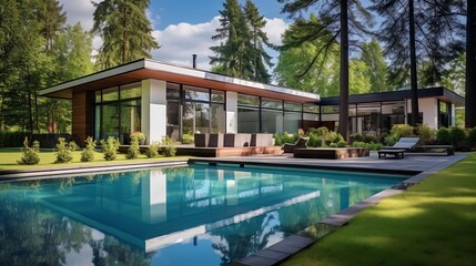 Fototapeta premium Swimming pool and decking in garden of luxury home