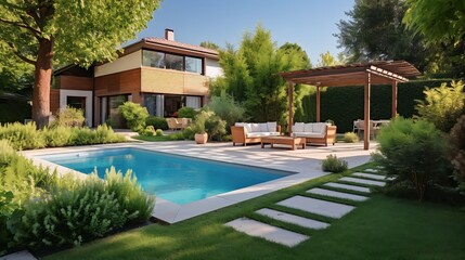 Fototapeta premium Swimming pool and decking in garden of luxury home