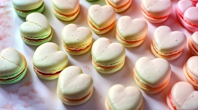 Delightful heart-shaped macarons in soft pastel colors arranged neatly, perfect for a sweet treat on special occasions.

