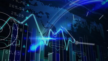 Animation of financial data processing over clock on dark background - Powered by Adobe