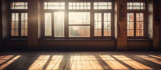 The suns rays stream through the windows, casting bright light across the empty room. The warmth and brightness fill the space, creating a sense of illumination and openness.