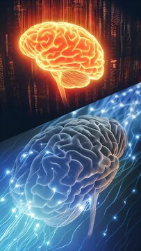 An image of a brain floating against a backdrop of streaming digital code and a sphere connected with beams of light.
