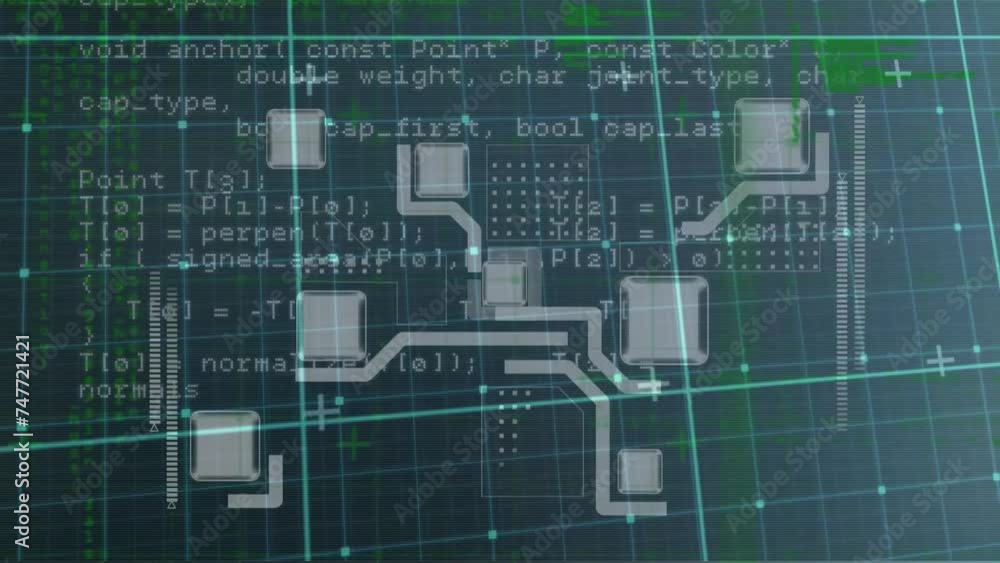 Poster animation of data processing over network of connections on dark background