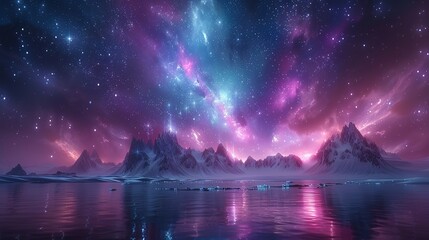 Beautiful fantasy starry night sky, blue and purple colorful, galaxy and aurora 4k wallpaper - obrazy, fototapety, plakaty