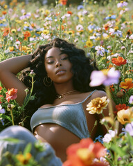 Hippie style black woman in a relaxing pose lying on a beautiful field of flowers
