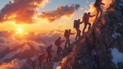Obraz na płótnie Canvas Nature's Ascent: Backpacking and Mountaineering to Reach New Peaks, Outdoor Expedition Teamwork and Challenge in Mountain Climbing