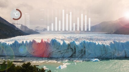 Laser thermometer measuring glaciar temperature revealing global warming emergency alert causing ice melting in Antarctica displaying holographic statistics