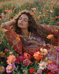 Hippie style woman in a relaxing pose lying on a beautiful field of flowers