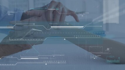Animation of data processing over hands of caucasian male physiotherapist and female patient - Powered by Adobe