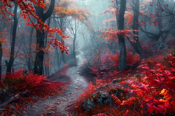 temperate deciduous forest, Autumn forest orange red are way or a road and pine carpet oak beech maple tree willow mysterious colorful leaves trees nature change seasons landscape Top view background - obrazy, fototapety, plakaty