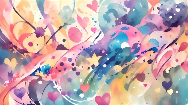 A playful and colorful watercolor abstract with swirls, splatters, and heart shapes, ideal for creative backgrounds or wallpapers.
