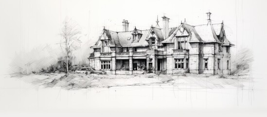Fototapeta premium A detailed black and white drawing of a large house, featuring intricate architectural elements and a grand facade. The house stands tall and imposing,