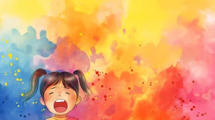 Sketch of shouting girl on watercolor background , post card design 