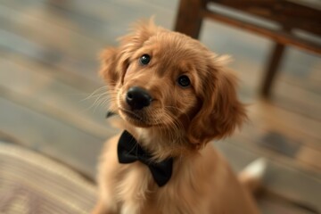 Small Brown Dog Wearing Black Bow Tie. Generative AI