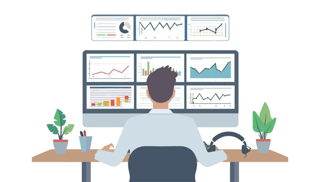 an employee is standing at a desk with graphs in front of him, in the style of lively tableaus, dotted