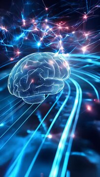 An image of a brain floating against a backdrop of streaming digital code and a sphere connected with beams of light.
