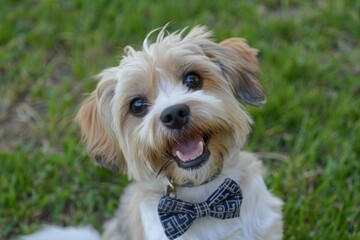 Small Dog With Bow Tie Sitting in Grass. Generative AI