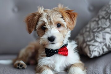 Small Brown and White Dog Wearing Red Bow Tie. Generative AI
