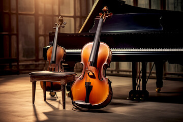 music trio instrument with grand piano, violin and cello on the stage with bogeh effect background