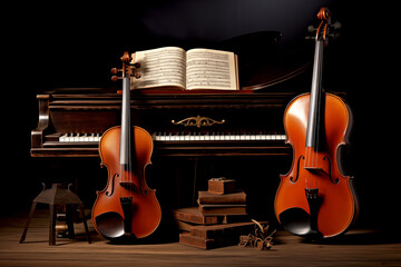 music trio instrument with piano vintage style, violin and cello decorated with books with black background - 747723614