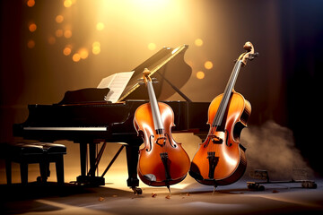 music trio instrument with grand piano, violin and cello on the stage with bogeh effect background - 747723637