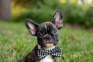 Fototapeta premium Small Black and White Dog Wearing Bow Tie. Generative AI