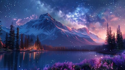 Naklejka premium Beautiful fantasy starry night sky, blue and purple colorful, galaxy and aurora 4k wallpaper