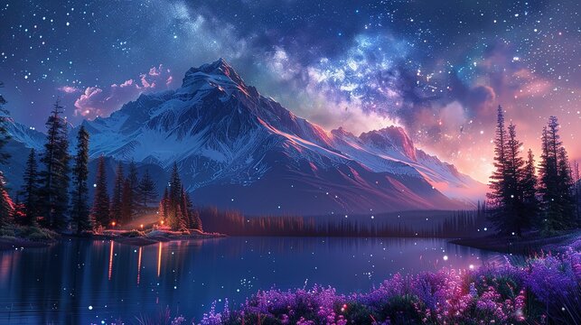 Fototapeta Beautiful fantasy starry night sky, blue and purple colorful, galaxy and aurora 4k wallpaper