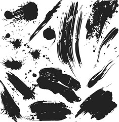 artistic texture of ink brush strokes, Isolated ink splashes and drops. Different handdrawn spray design, grunge splash