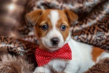 Small Brown and White Dog Wearing Red Bow Tie. Generative AI