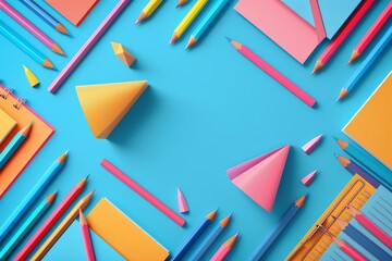 Colorful Stationery and Art Supplies: Geometric Arrangement of Pencils and Paper on a Blue Background for Creative Education and Crafting