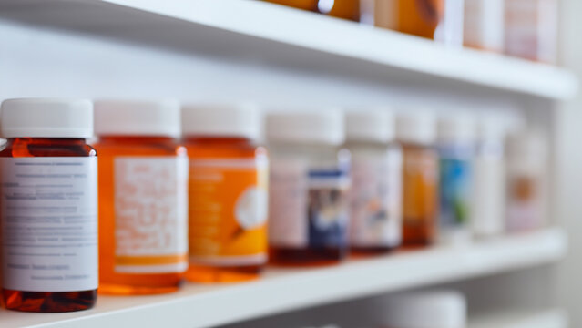 Medicine Bottles Lined Up on Shelves with a Soft Blurred Background