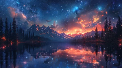 Photo sur Plexiglas Paysage fantastique Beautiful fantasy starry night sky, blue and purple colorful, galaxy and aurora 4k wallpaper