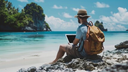 A man exemplifies remote work flexibility by using a laptop on a stunning beach with clear blue...