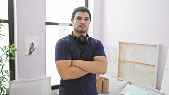 Confident man with headphones stands arms-crossed in a modern art studio, exuding creativity and professionalism.