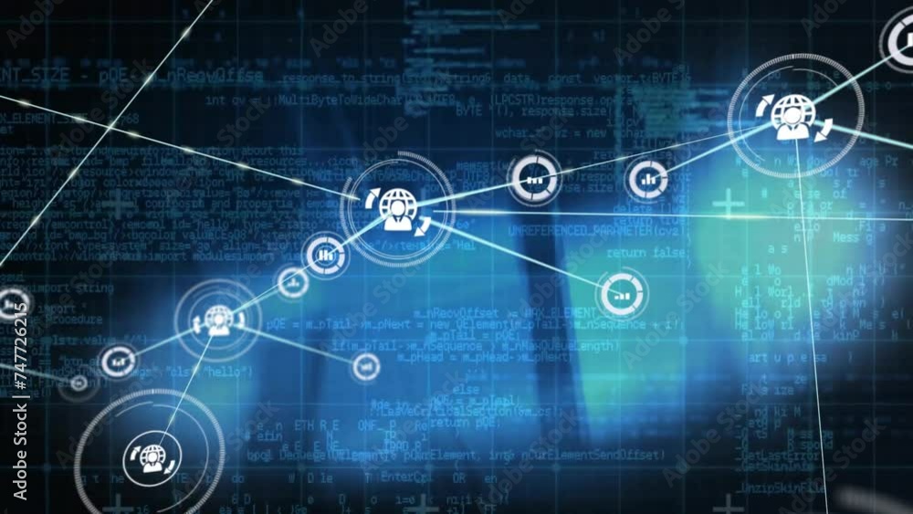Poster animation of network of connections with iconsover glowing light trails