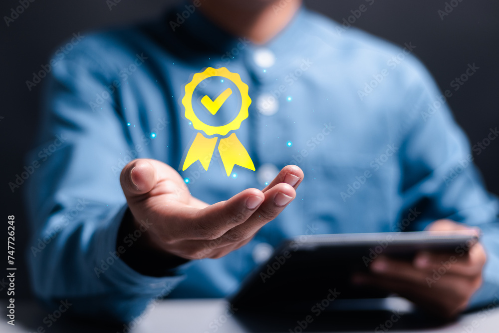 Poster iso service concept. guarantee product and iso certification. businessman use tablet with sign of to